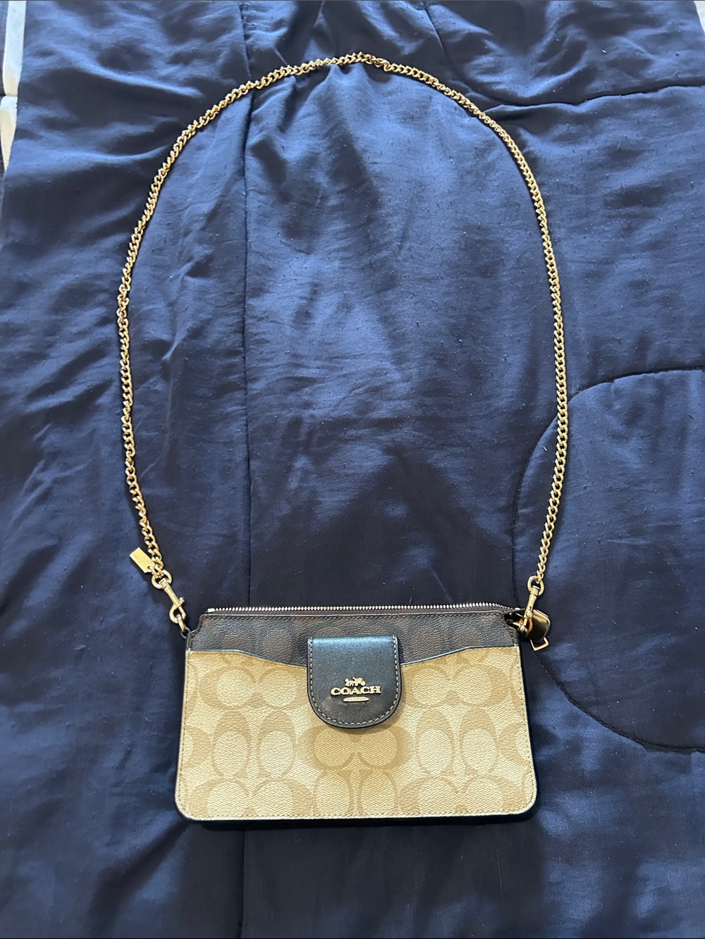 Coach Beige Signature Canvas and Black Leather Chain Crossbody